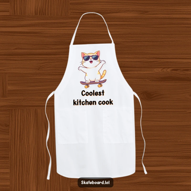 Funny cat wearing sunglasses rides a skateboard backward on this apron, making it a cool and humorous kitchen accessory.