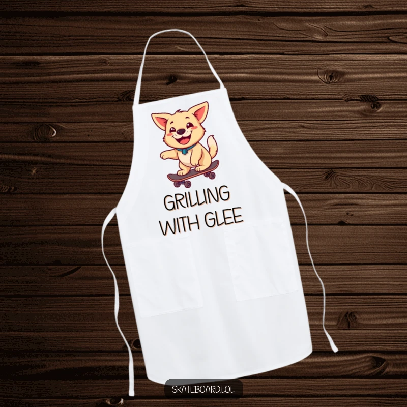 Funny happy dog with a wagging tail and a big grin rides a skateboard on this apron, making it a fun kitchen accessory.