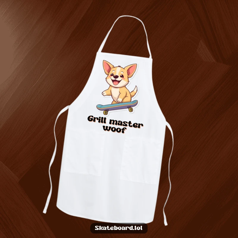 Funny apron featuring a joyful dog riding a skateboard, ears flapping, adding a dose of happiness and humor to cooking.