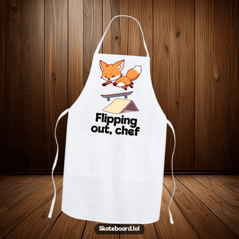 Funny Fox Skateboard Apron showing a cool fox mastering a skateboard trick, designed for kitchen fun and adding humor to cooking tasks.