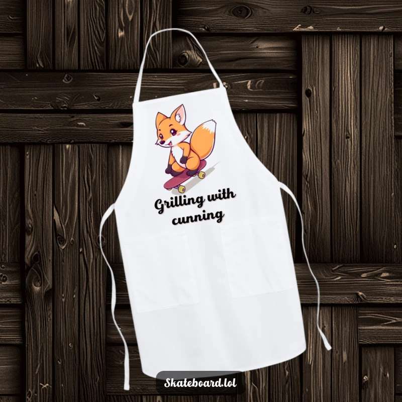 Funny fox confidently skateboarding downhill, printed on a functional kitchen apron, ideal funny gift.