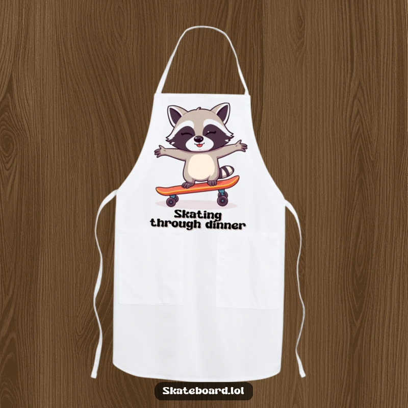 Funny Raccoon Skateboard Apron showing a winking raccoon balancing on a skateboard, designed for kitchen use with a humorous and practical touch.