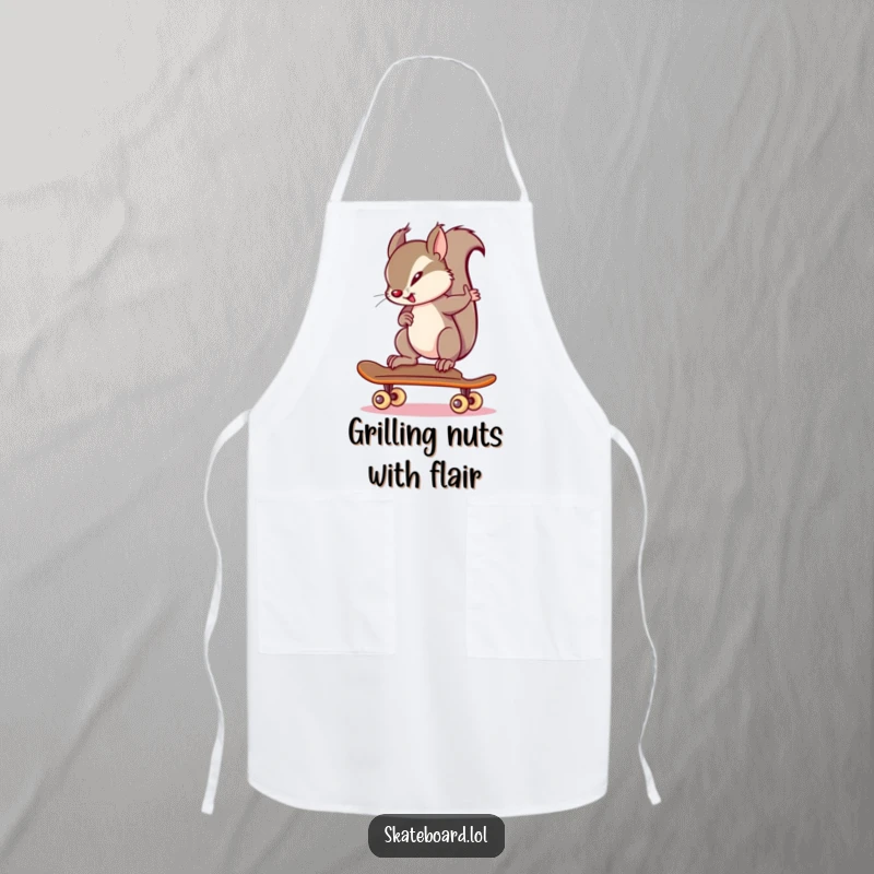 Funny squirrel balancing expertly on a skateboard, making it a great apron for the kitchen, ideal funny gift.