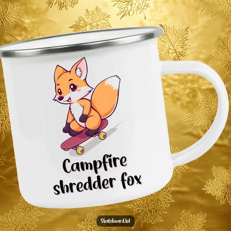 Funny fox riding a skateboard downhill with confidence, designed for a durable camping mug, perfect funny gift.
