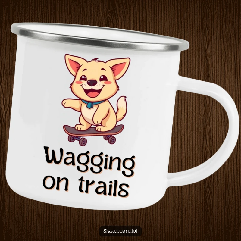Funny happy dog with a wagging tail and a big grin rides a skateboard on this camping mug, ready for outdoor fun.