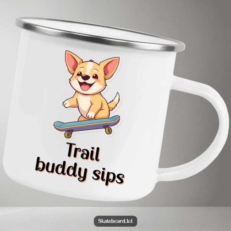 Funny camping mug with a joyful dog riding a skateboard, ears flapping, perfect for enjoying beverages outdoors with a cheerful canine humor.