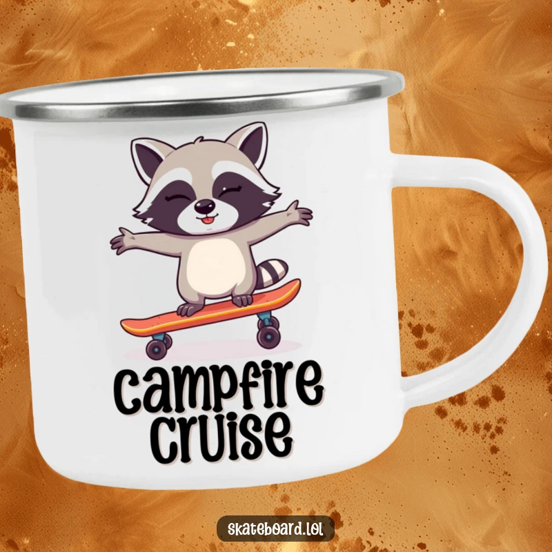 Funny Raccoon Skateboard Camping Mug showing a winking raccoon balancing on a skateboard, designed for outdoor adventures with a humorous twist.