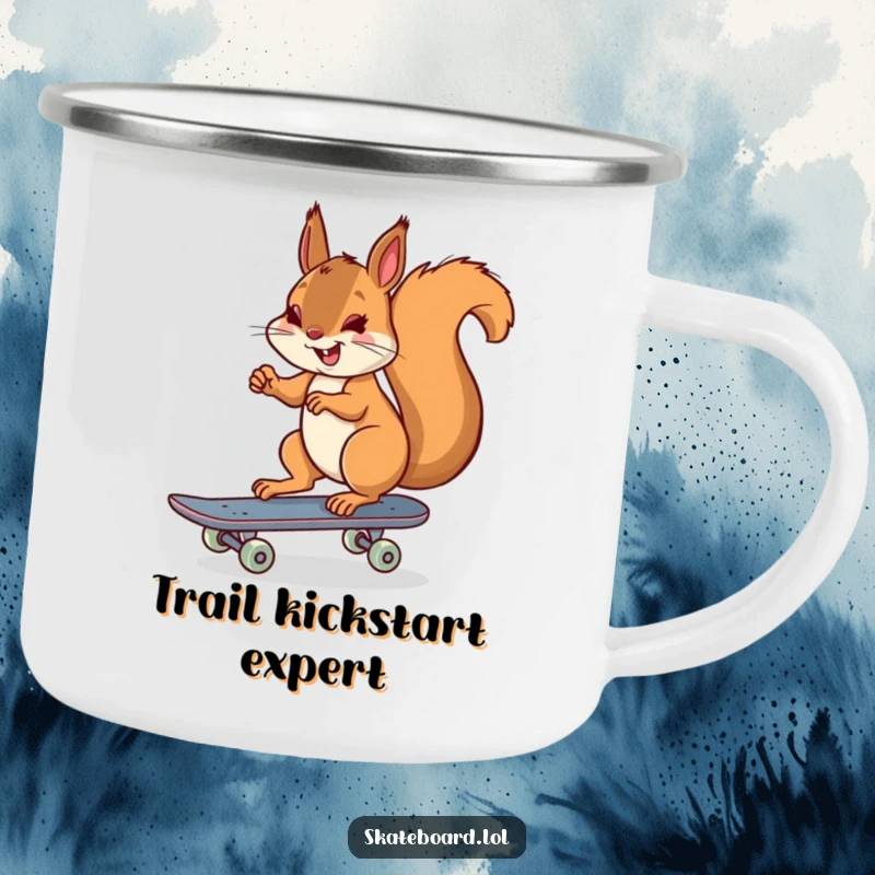 Funny cheerful squirrel skateboarding camping mug, pushing off with one foot, durable enamel, great for campers.