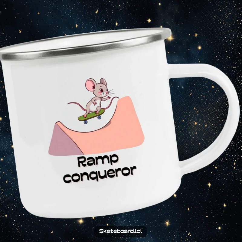 Funny tiny determined mouse skateboarding camping mug, riding down a ramp, durable enamel, great for campers.