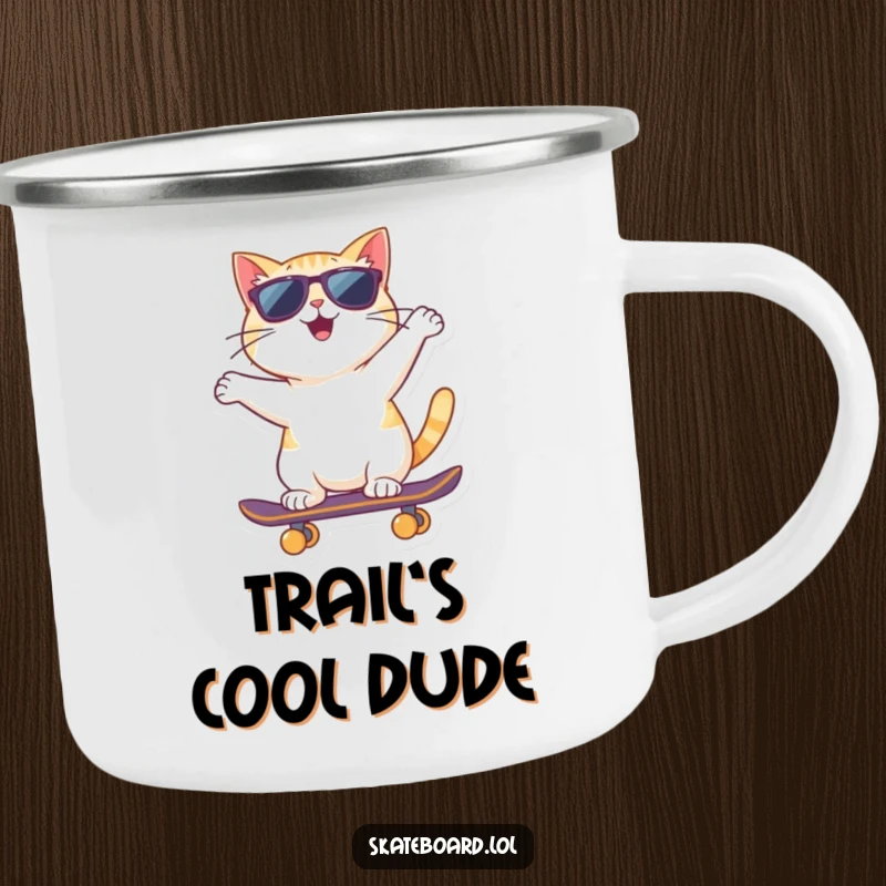 Funny cat wearing sunglasses rides a skateboard backward on this camping mug, ready for cool outdoor moments.