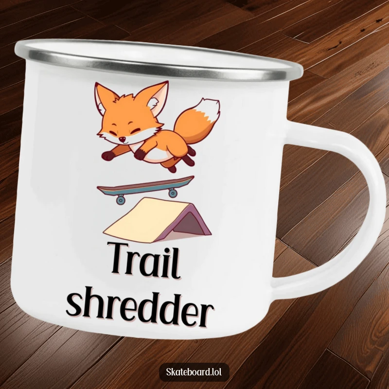 Funny Fox Skateboard Camping Mug depicting a fearless fox on a skateboard, designed for outdoor use with a humorous and adventurous spirit.