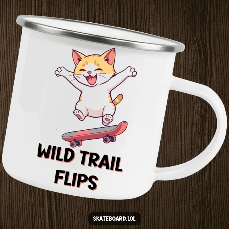 Funny camping mug with a hyperactive cat mid-skateboard flip, perfect for enjoying beverages outdoors with a dose of wild feline humor.