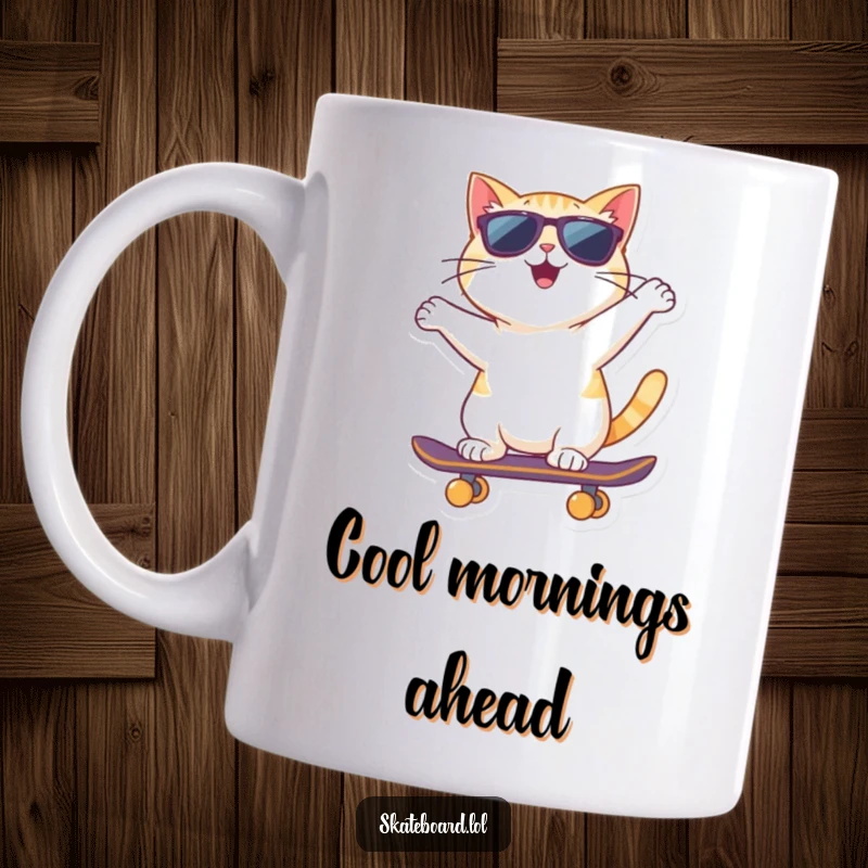 Funny cheerful cat wearing sunglasses rides a skateboard backward with effortless cool on this mug.