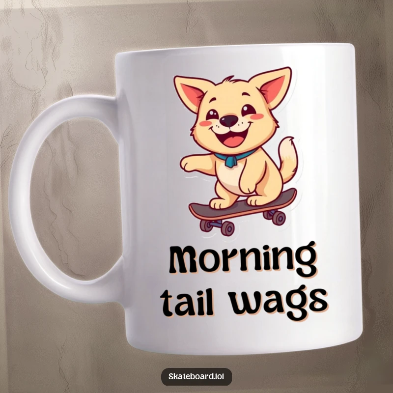 A happy dog with a wagging tail and a big grin rides a skateboard on this mug, embodying pure canine joy.