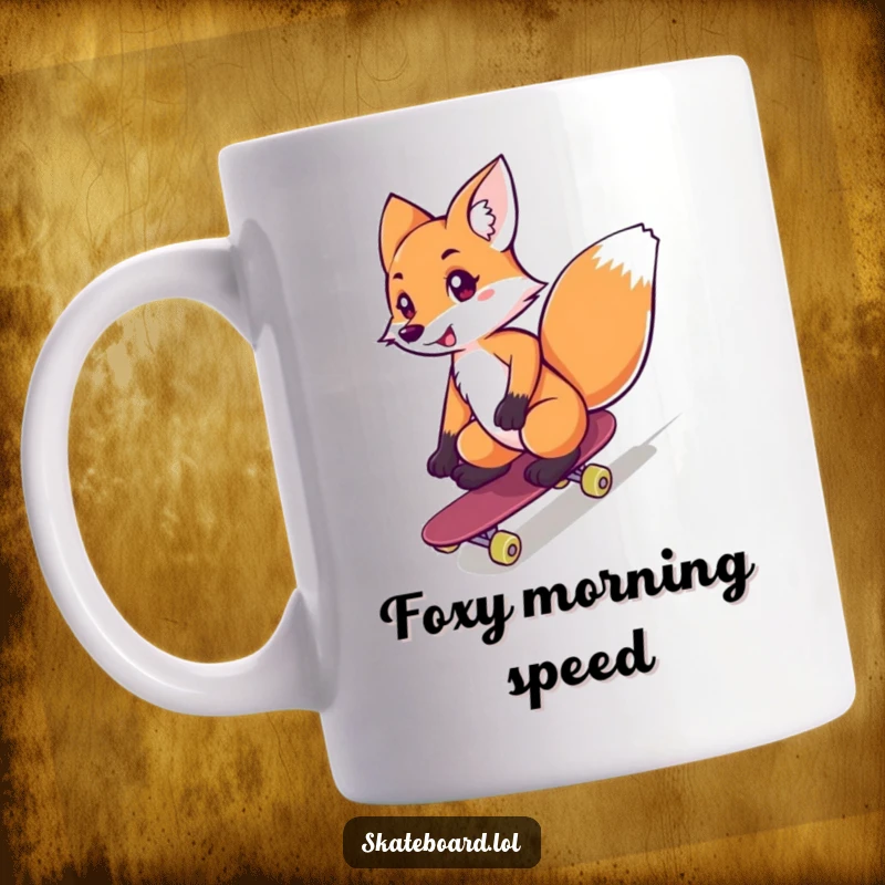 Funny playful fox confidently riding a skateboard downhill at speed, featured on a mug, great funny gift.