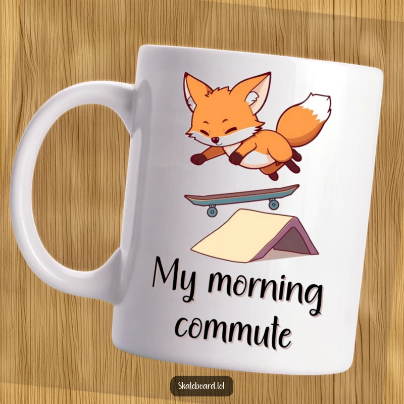 Funny Fox Skateboarder Mug featuring a cool fox executing an epic jump over a ramp, embodying pure skateboarding joy and wild fun.