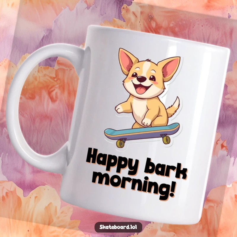 Funny mug with a joyful dog happily riding a skateboard, ears flapping in the wind, radiating pure canine bliss and excitement.