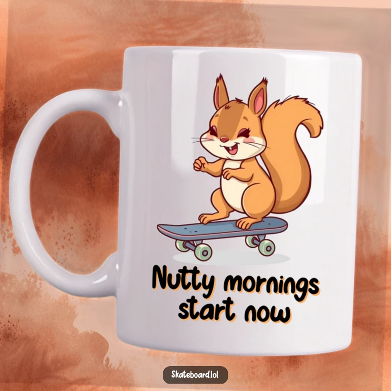 Funny cheerful squirrel skateboarding, pushing off with one foot on a skateboard, looking happy and energetic, perfect gift.