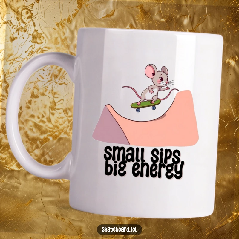 Funny tiny determined mouse riding a skateboard down a steep ramp, looking focused and fast, perfect gift.