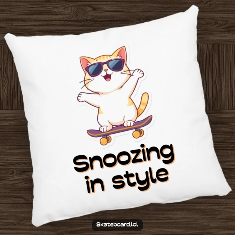A plush pillow featuring a funny cat wearing sunglasses and riding a skateboard backward, exuding cool and comfort.