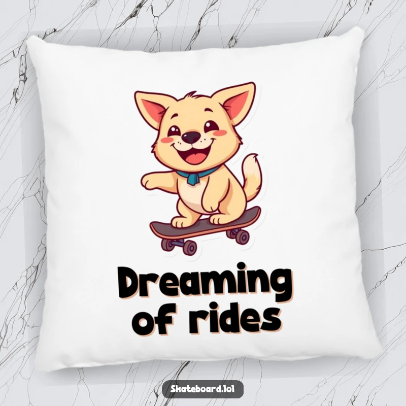A plush pillow featuring a happy dog with a wagging tail and a big grin riding a skateboard, exuding cozy joy.