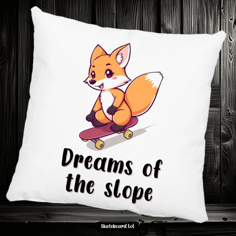 Funny fox confidently riding a skateboard downhill, featured on a soft pillow, great funny gift.