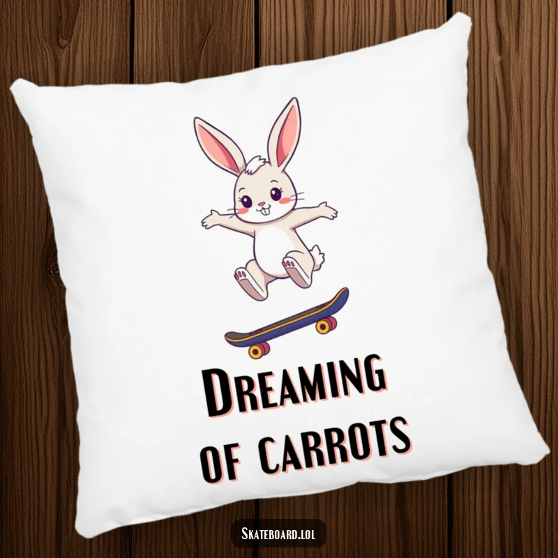 Funny pillow with a cool bunny performing a stylish skateboard jump, offering a soft, chic, and humorous accent for any seating.
