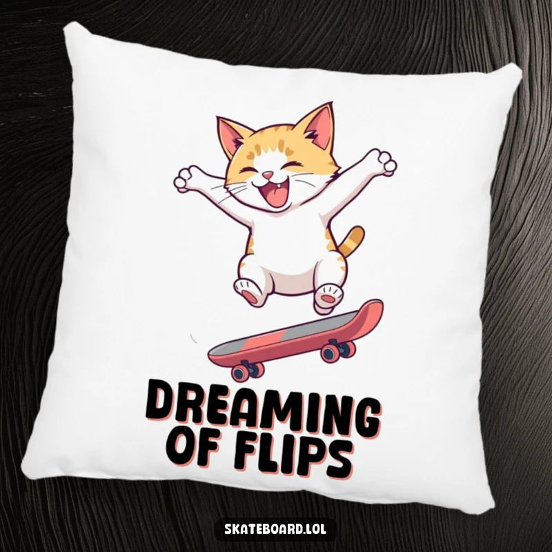Funny pillow with a hyperactive cat performing a skateboard flip, offering a soft, energetic, and humorous accent for any seating.