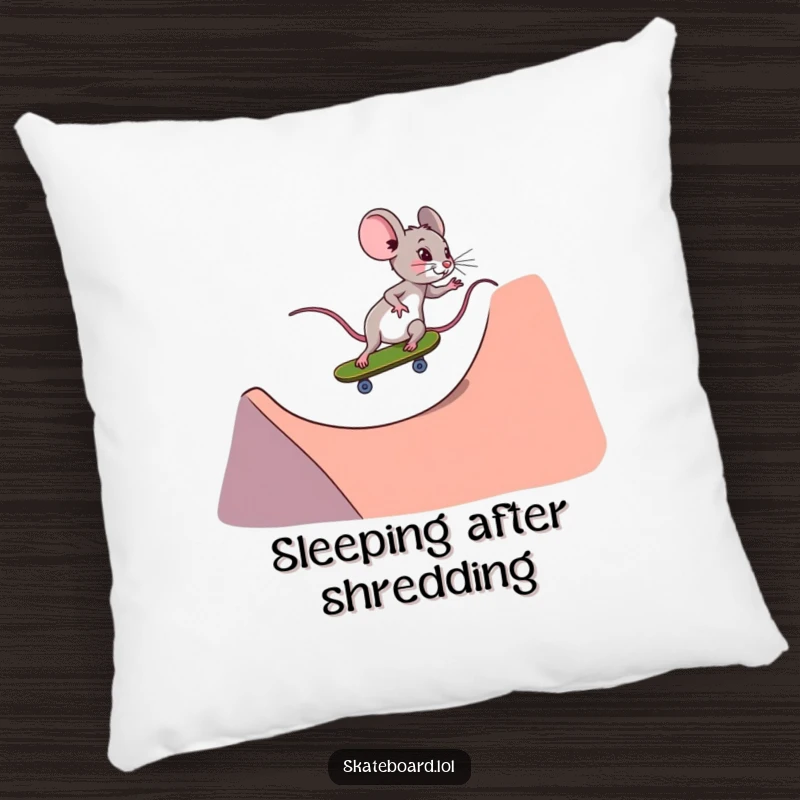 Funny tiny determined mouse skateboarding pillow, riding down a ramp, soft and plush, perfect relaxation.