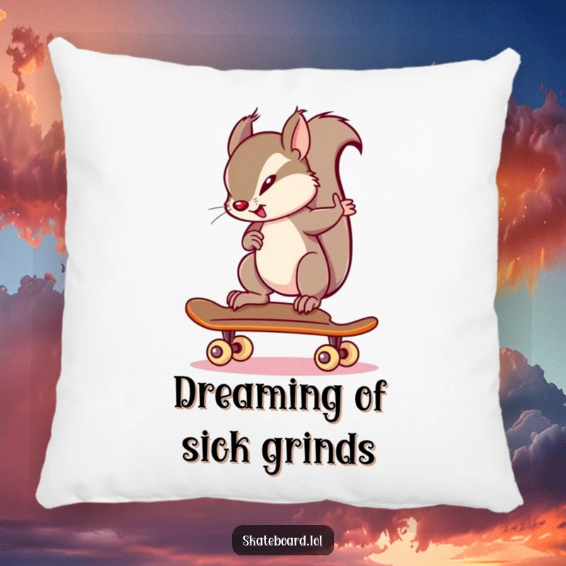 Funny squirrel demonstrating incredible focus on a skateboard, depicted on a soft pillow, a charming funny gift.