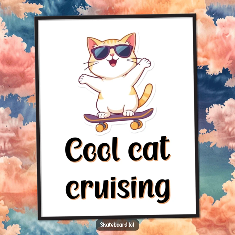 Funny cat wearing sunglasses rides a skateboard backward, exuding effortless cool in this digital art print.