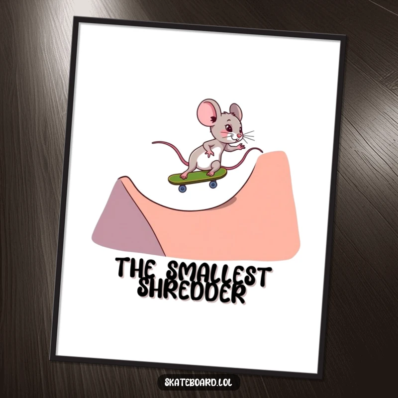 Funny tiny determined mouse skateboarding digital art print, riding down a ramp, high resolution, instant download.