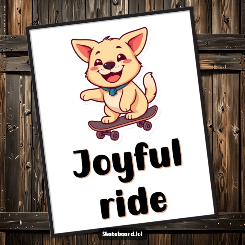 A happy dog with a wagging tail and a big grin rides a skateboard with pure joy in this digital art print.