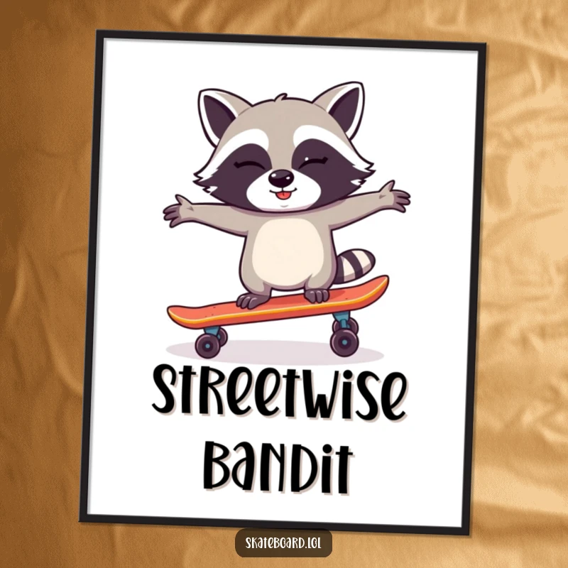 Funny Raccoon Skateboard Digital Art Print showing a winking raccoon balancing on a skateboard, perfect for instant download and humorous decor.