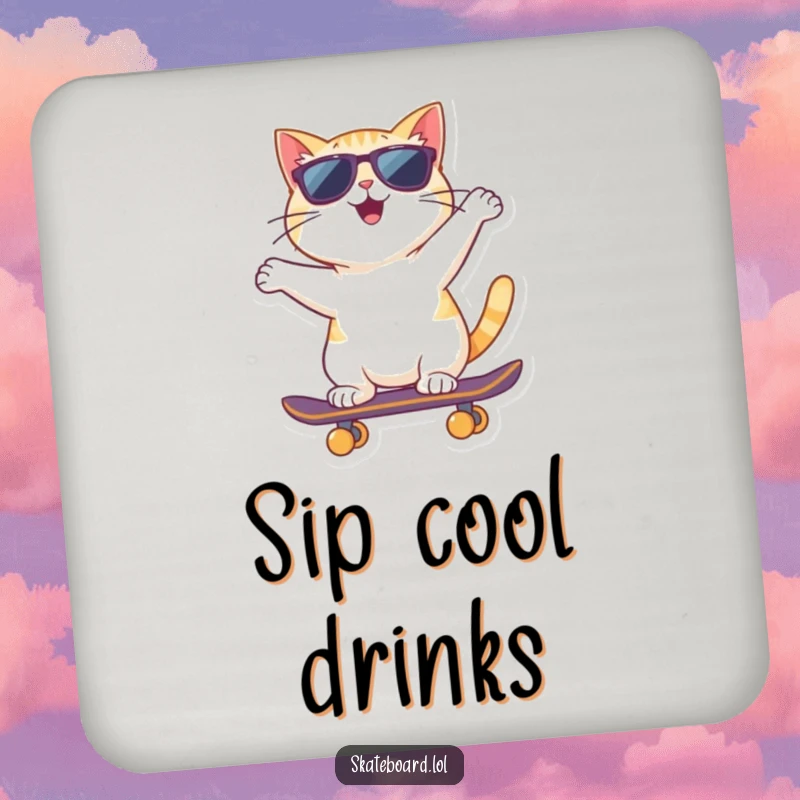 A funny cat wearing sunglasses rides a skateboard backward on this coaster, adding cool protection.