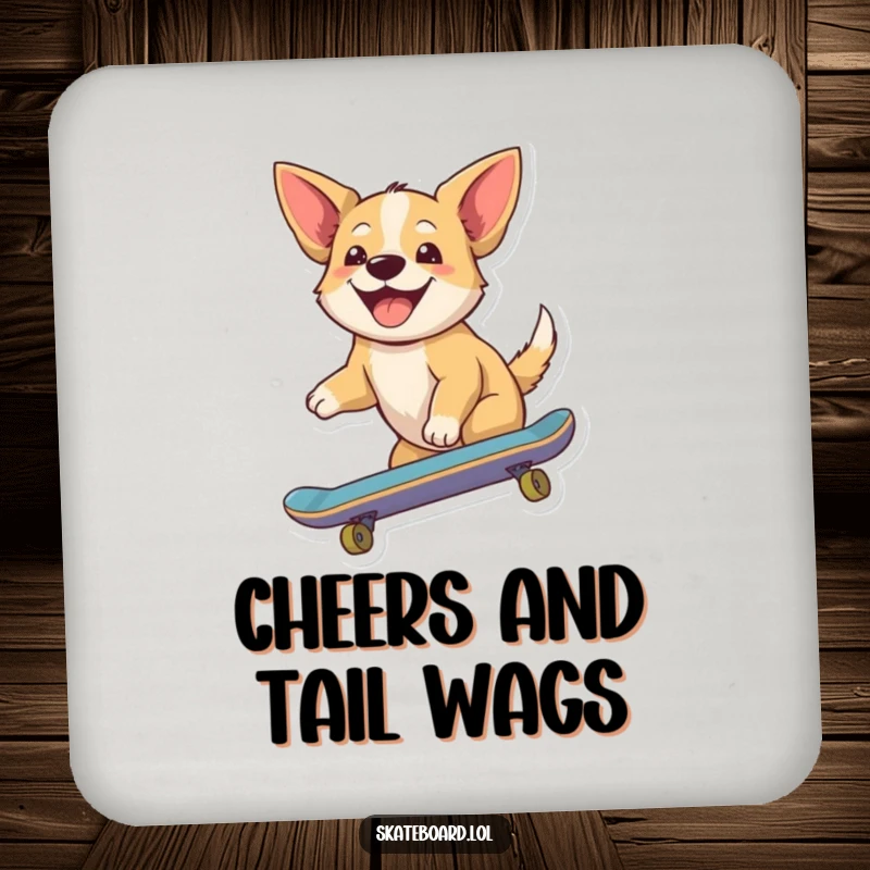 Funny drink coaster with a joyful dog riding a skateboard, ears flapping, adding a dose of cheerful and humorous protection to tabletops.