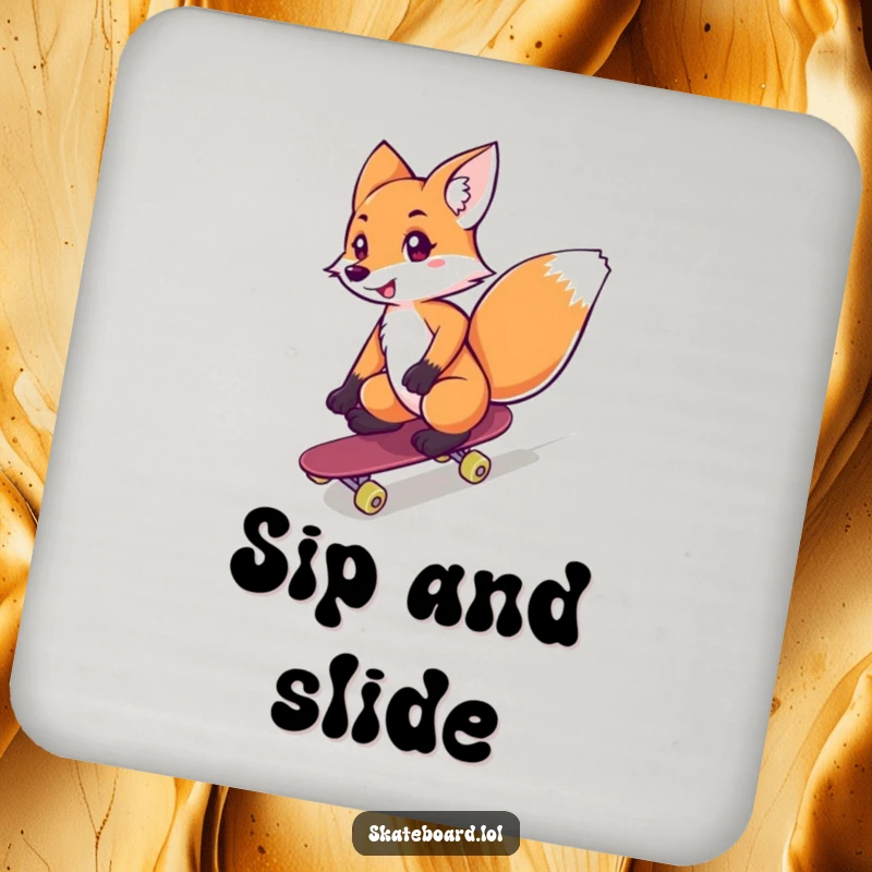 Funny fox confidently skateboarding downhill on a protective drink coaster, superb funny gift.