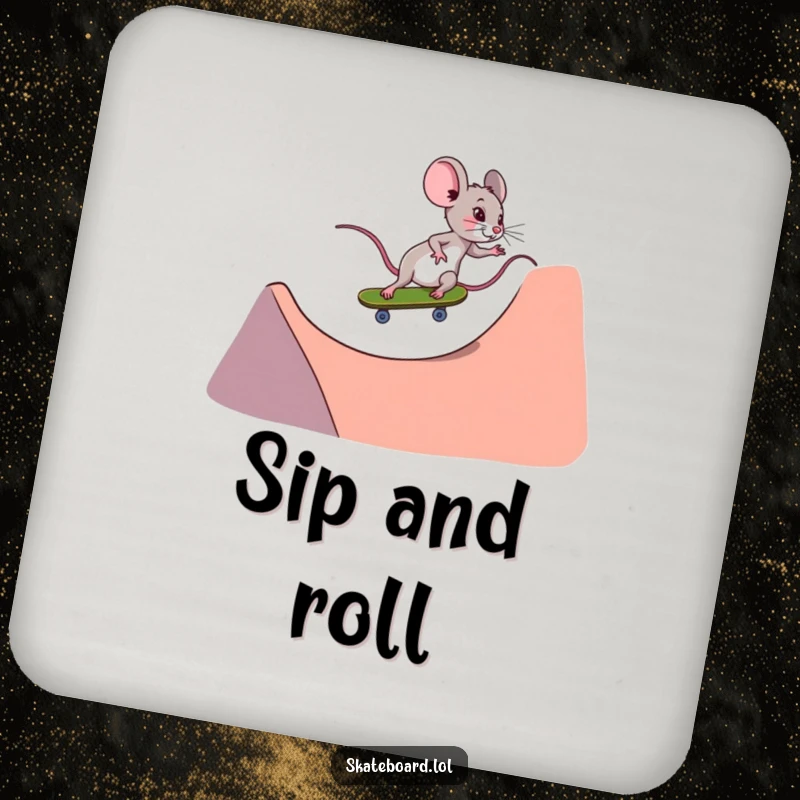 Funny tiny determined mouse skateboarding coaster, riding down a ramp, protects furniture, adds determination.