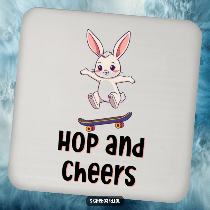 Funny drink coaster with a cool bunny performing a stylish skateboard jump, adding a dose of chic and humorous protection to tabletops.
