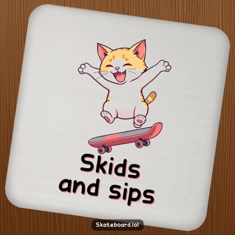 Funny drink coaster with a hyperactive cat performing a skateboard flip, adding a dose of energetic and humorous protection to tabletops.