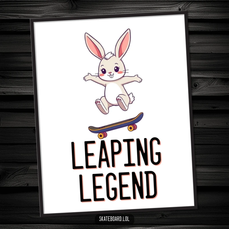 Funny poster featuring a cool bunny performing a stylish jump on a skateboard, perfect for adding a touch of urban cool to any room.