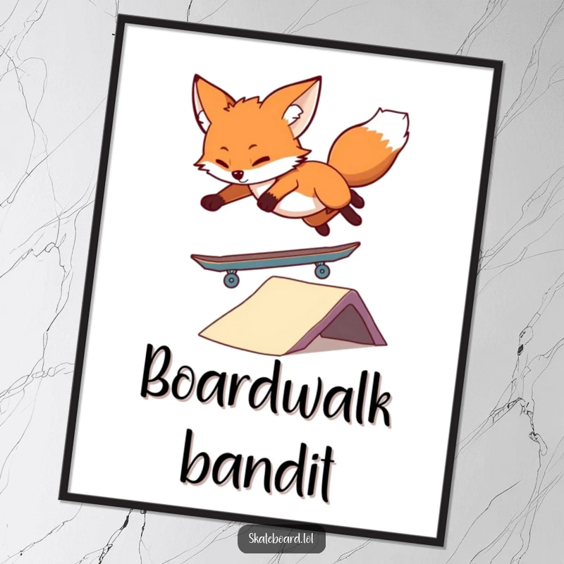 Funny Fox Skateboard Poster displaying a lively fox mid-trick on a skateboard, creating energetic and humorous wall decor for any room.