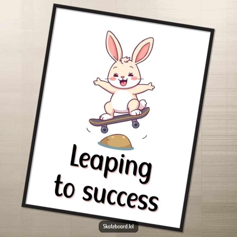 Funny happy bunny skateboarding poster, doing an ollie over a small obstacle, cool action shot.