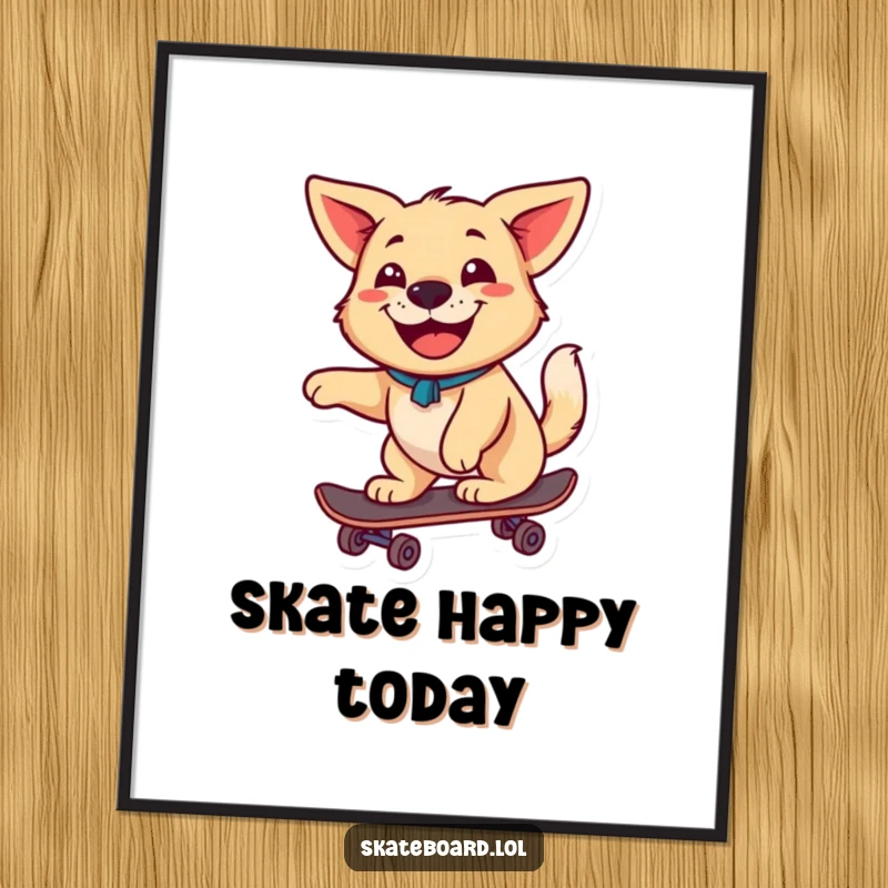 A happy dog with a wagging tail and a big grin rides a skateboard with pure delight on this funny poster.