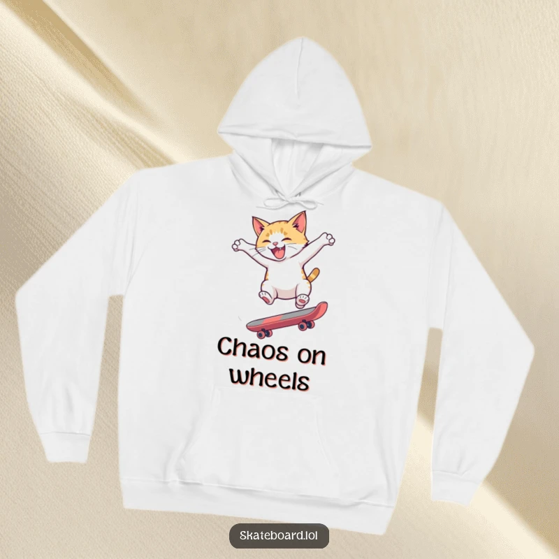 Funny hoodie with a hyperactive cat executing a daring flip on a skateboard, embodying extreme feline athleticism and humor.