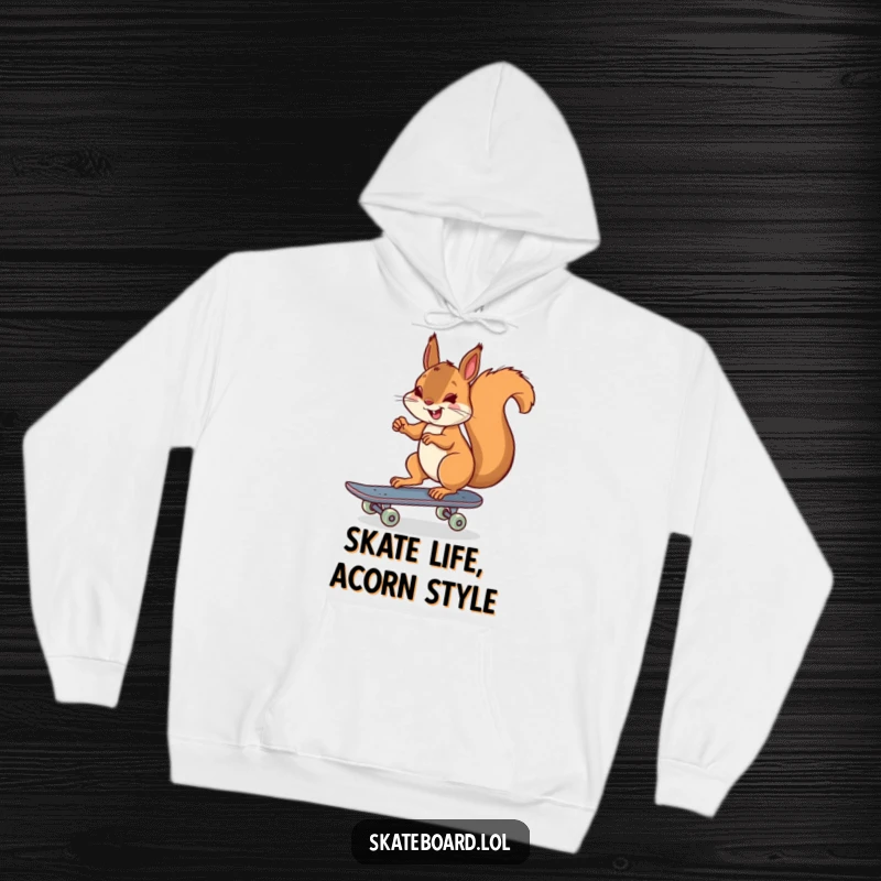 Funny cheerful squirrel hoodie, skateboarding and pushing off, warm and joyful, perfect gift.