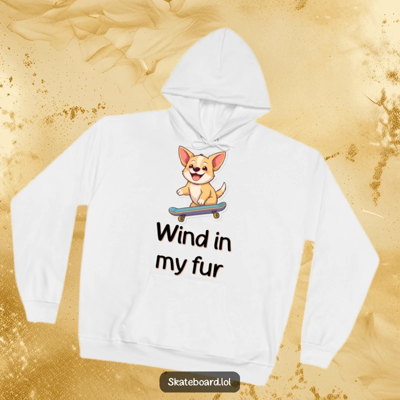 Funny hoodie with a joyful dog riding a skateboard, ears flapping in the wind, creating a warm and cheerful humorous design.