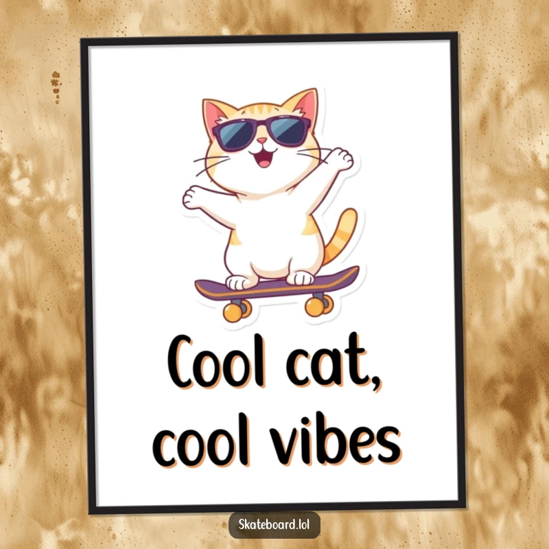 Funny Free Printable Wall Art: Cheerful cat in sunglasses riding skateboard backward, edgy decor, unique downloadable art.