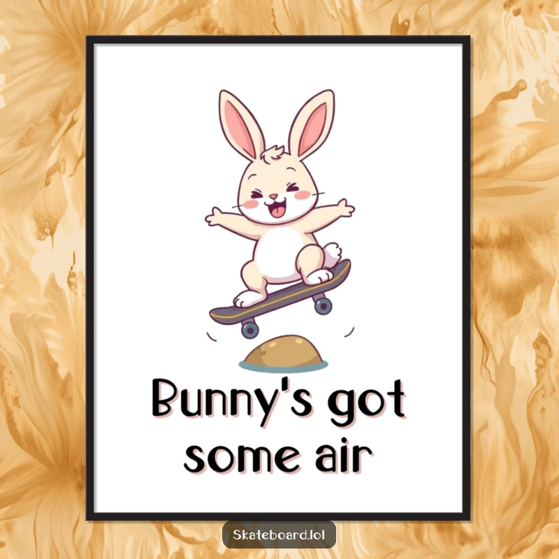 Free Printable Wall Art: A happy bunny mid-ollie over a small obstacle on a skateboard, showcasing speed and athletic skill.