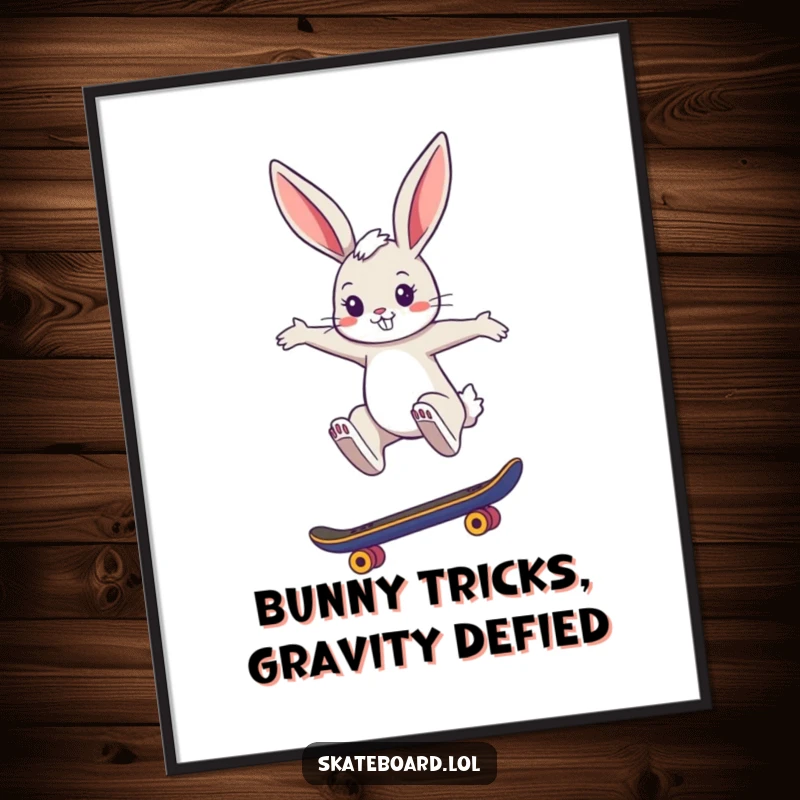 Funny Free Printable Wall Art: A cool bunny performs a stylish jump on a skateboard, capturing edgy fun and action.
